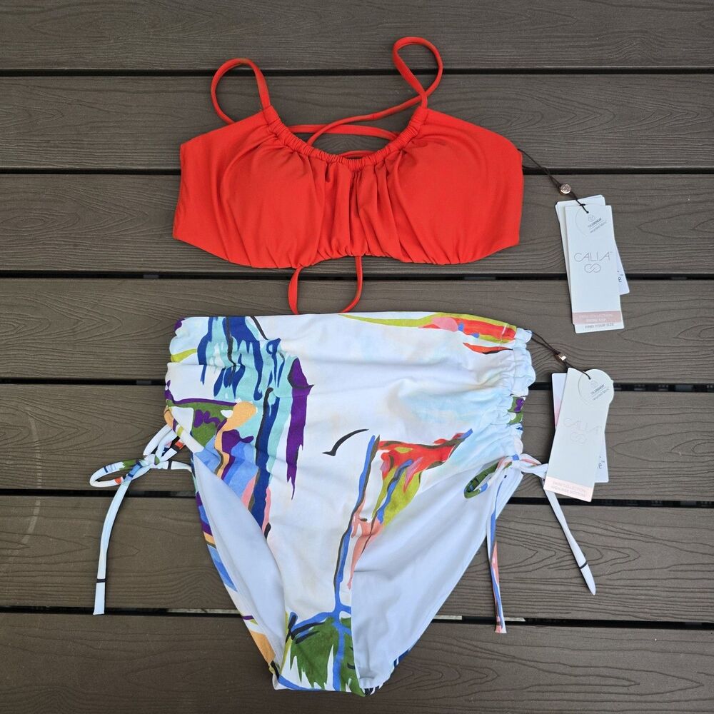 CALIA Women's Red Scrunched Tieback Top & Ruched Side Tie Band Bikini Sz S New